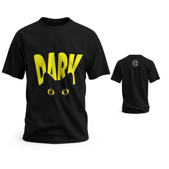 Unisex Black Graphic T-Shirt – “DARK” Yellow Print with Cat Eyes Design